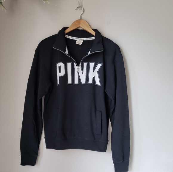 PINK | Quarter Zip Mock Neck Fold Down Collar Pullover Sweatshirt Black XS - Picture 3 of 9
